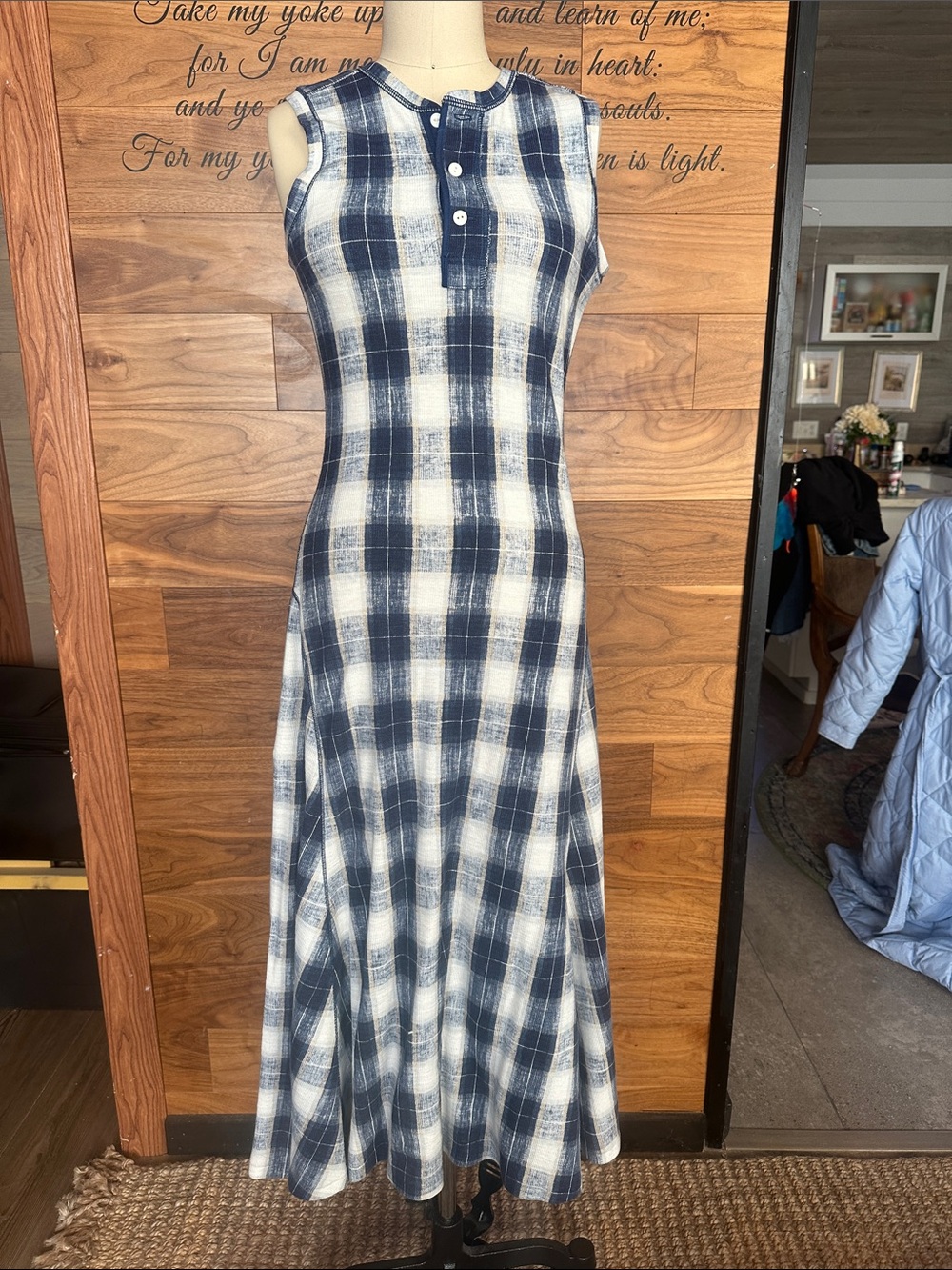 Polo by Ralph Lauren Navy and White Plaid Sleeveless Waffle Knit Maxi Dress